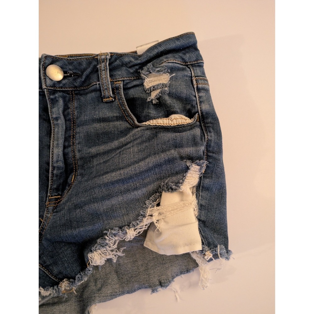American Eagle Size 10 Hi-Rise Shortie Distressed Denim Shorts Blue Stretch - Picture 2 of 9